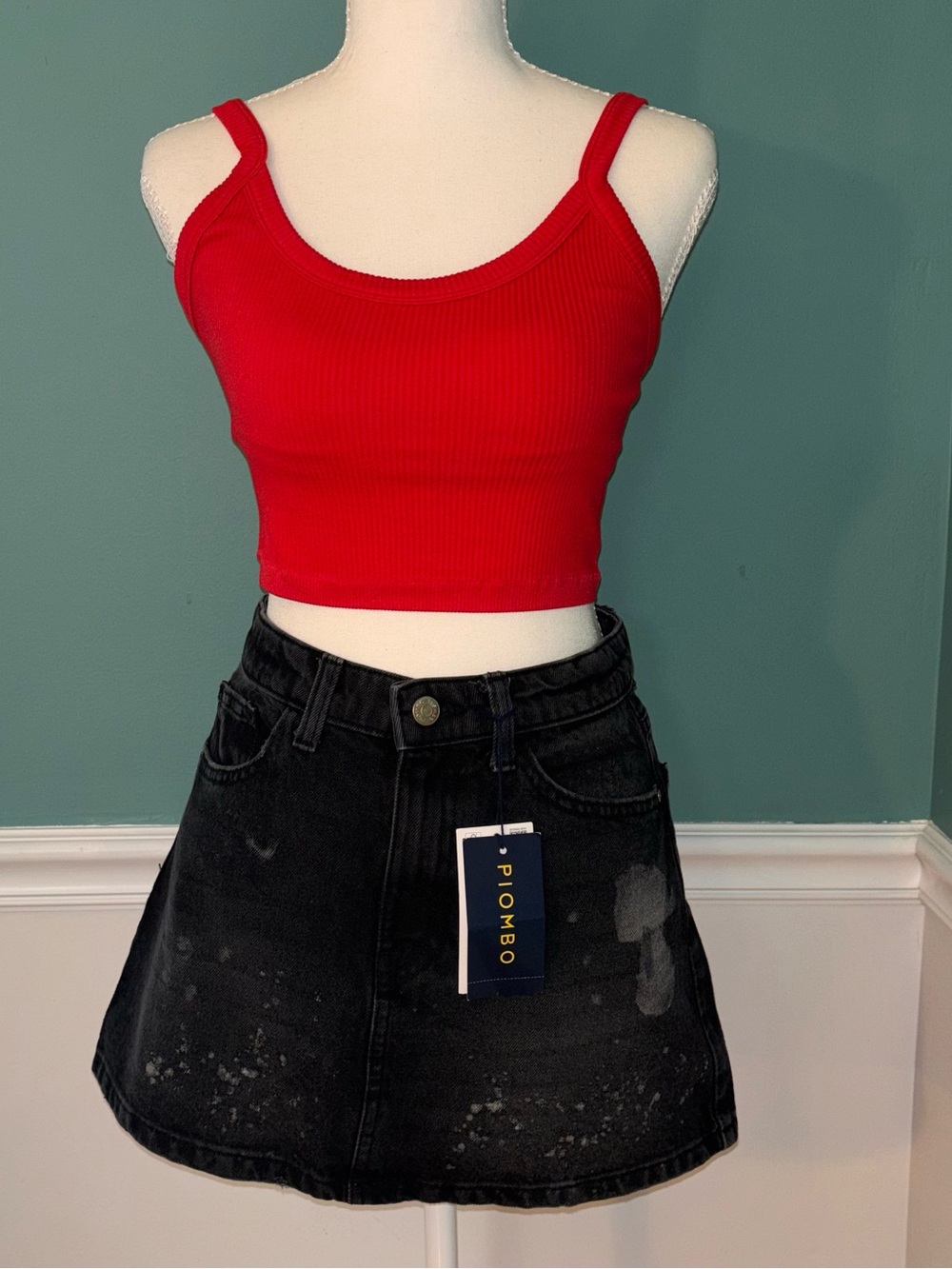 PIOMBO Black Paint Splatter Denim Mini Skirt XS Y2K Grunge